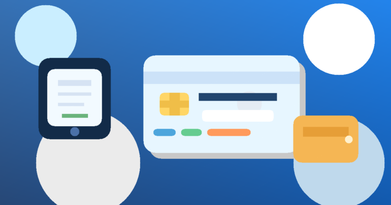 Ilustración abstracta de una tarjeta de débito vencida y una app bancaria en tonos azules
