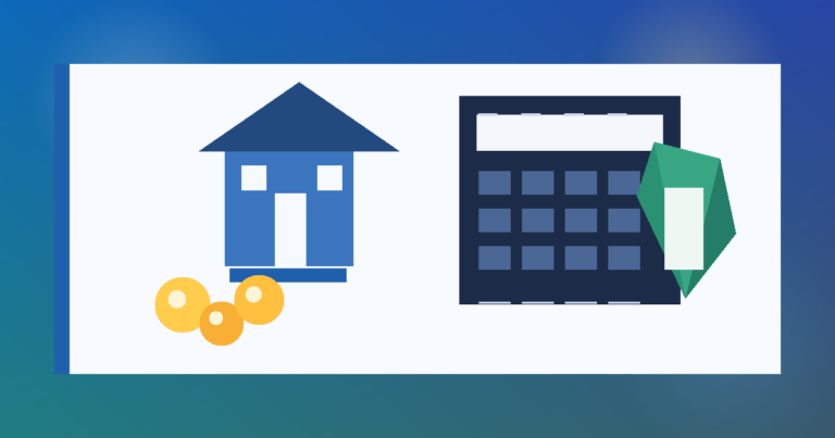 Ilustración de crédito hipotecario en México con casa, calculadora y escudo financiero